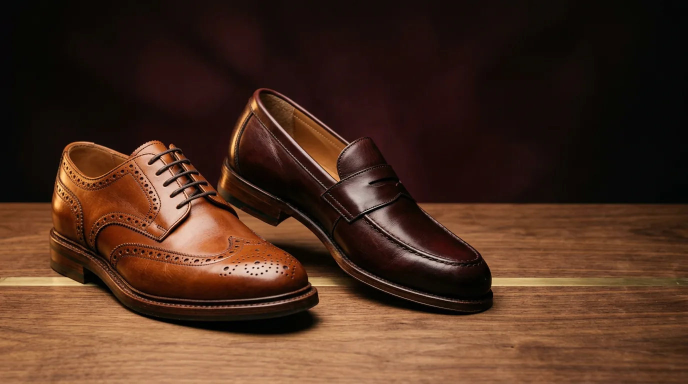 Klassischer cognacfarbener Derby und dunkelroter Loafer