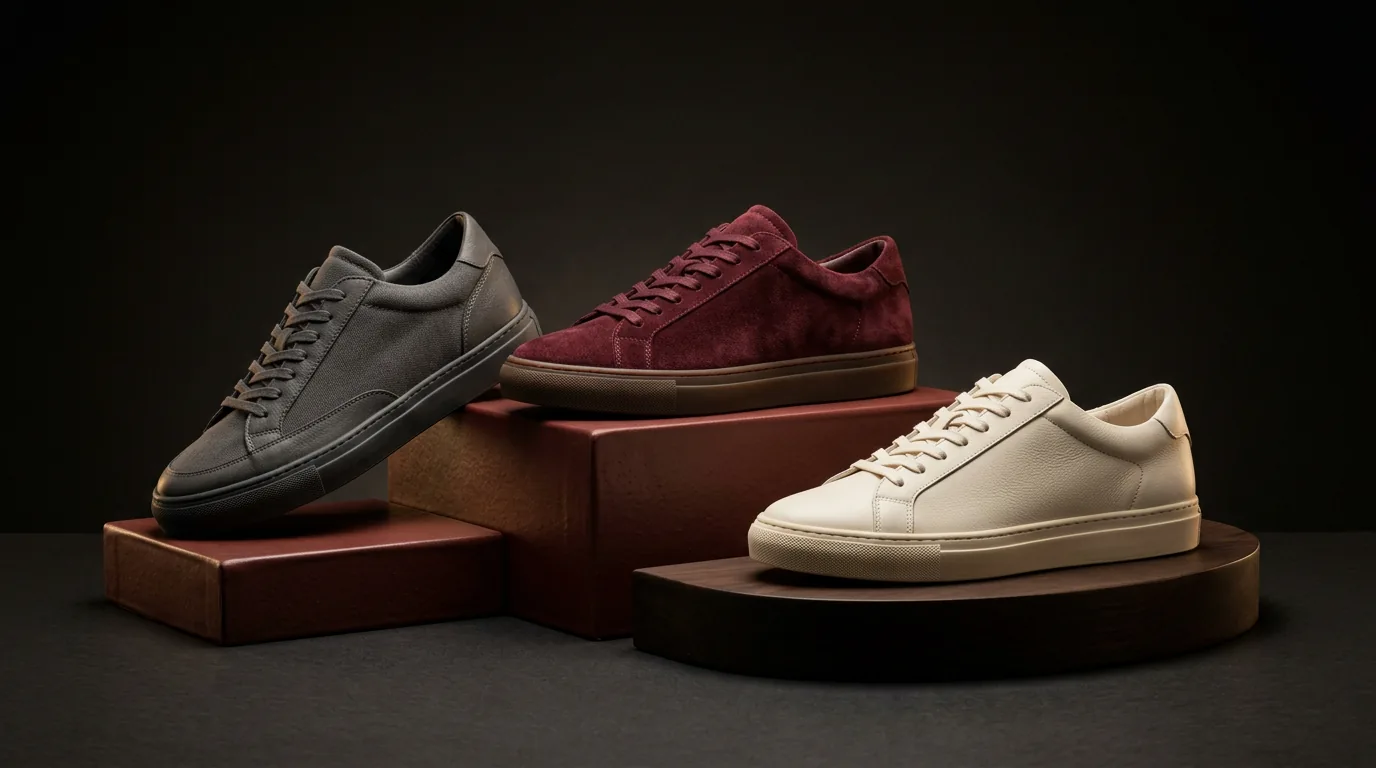 Drei moderne Sneaker aus Leder und Veloursleder
