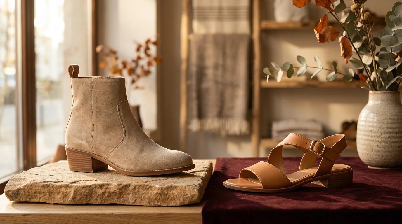 Heller Veloursleder-Stiefel und cognacfarbene Sandale